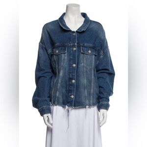 All Saints Women's Size 10 Blue Silver Piper Cut Off Frayed Denim Jean Jacket